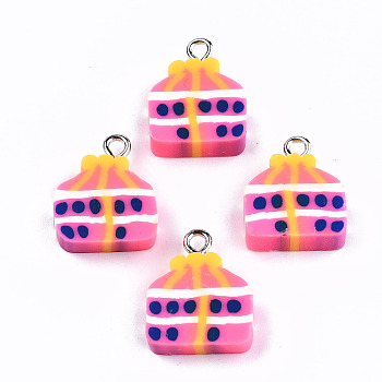 Handmade Polymer Clay Pendants, with Platinum Tone Iron Findings, Bag, Hot Pink, 16~17x14x4.5mm, Hole: 2mm