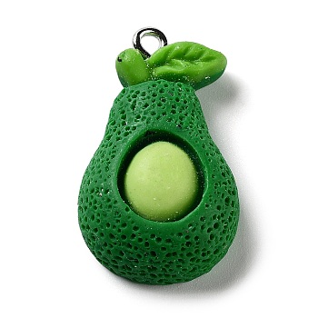 Fruits Opaque Resin Pendants, with Platinum Plated Iron Loops, Avocado, 28x17x7.5mm, Hole: 2mm