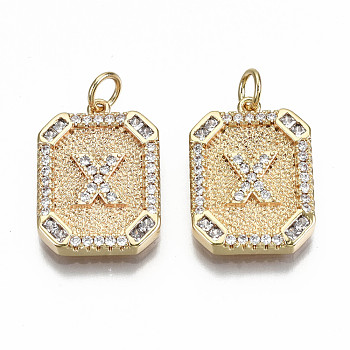 Brass Micro Pave Clear Cubic Zirconia Pendants, Nickel Free, Real 18K Gold Plated, Rounded Rectangle with Word, Letter.X, 19x14x2.5mm, Jump Ring: 5x0.7mm, 3mm inner diameter