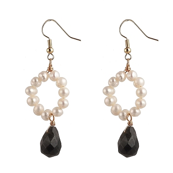 Dangle Earrings, with Natural Pearl Beads, teardrop, Natural Labradorite Charms and Brass Earring Hooks, 61mm, Pin: 0.7mm