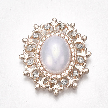 Alloy Cabochons, with Acrylic and Rhinestone, Oval, Light Gold, White, 28x24x5mm