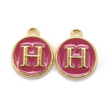 Golden Plated Alloy Enamel Charms, Cadmium Free & Lead Free, Enamelled Sequins, Flat Round with Letter, Camellia, Letter.H, 14x12x2mm, Hole: 1.5mm