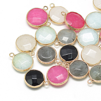 Natural & Synthetic Mixed Stone Pendants, with Brass Findings, Faceted, Flat Round, Golden, Mixed Color, 19~21x15~16x6~7mm, Hole: 2mm