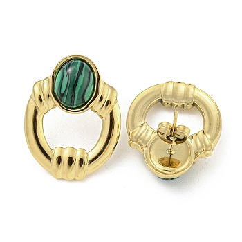 Real 18K Gold Plated 304 Stainless Steel Oval Stud Earrings, with Synthetic Malachite, 26x20mm