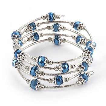 Electroplate Glass Wrap Bracelets, 5-Loop, with Metal Findings, Blue Plated, 2-1/8 inch(5.3cm)
