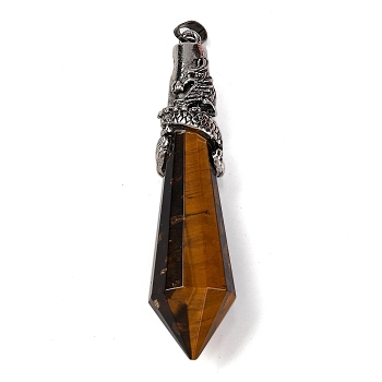 Natural Tiger Eye Pointed Big Pendants, Faceted Bullet Charms with Rack Plating Antique Silver Tone Alloy Dragon Wrapped, Cadmium Free & Lead Free, 67.5x16.5x16.5mm, Hole: 7x4.5mm