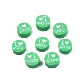 Handmade Polymer Clay Beads, Mother's Day Theme, Flat Round with Word I Love MOM, Medium Sea Green, 8~9.5x3.5~4.5mm, Hole: 1.5mm