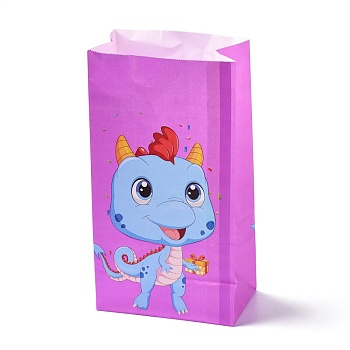 Kraft Paper Bags, No Handle, Wrapped Treat Bag for Birthdays, Baby Showers, Rectangle with Dinosaur Pattern, Magenta, 8x13x24.2cm