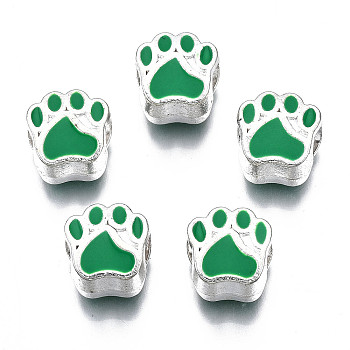 Alloy Enamel European Beads, Large Hole Beads, Cadmium Free & Lead Free, Silver, Bear Paw Prints, Lime Green, 11x11x7.5mm, Hole: 4.5mm