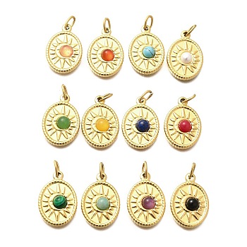 304 Stainless Steel Pave Gemstone Pendants, Oval with Sun Charms with Jump Rings, Ion Plating(IP), Real 14K Gold Plated, Mixed Dyed and Undyed, 22x15x4.5mm, Hole: 2.5x5mm