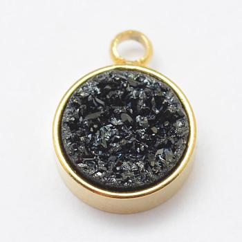Electroplated Natural Druzy Agate Charms, with Brass Findings, Flat Round, Golden, Black, 12x9x4mm, Hole: 2mm
