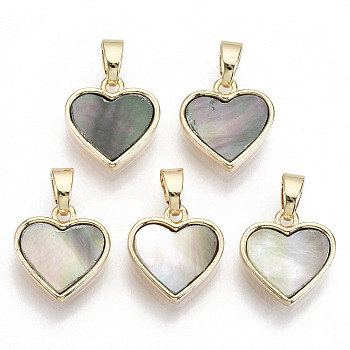 Natural Black Lip Shell Charms, with Brass Findings, Nickel Free, Heart, Real 18K Gold Plated, 12x11.5x2.5mm, Hole: 2x4mm