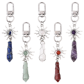 5Pcs Alloy Natural Gemstone Keychains, with Alloy Swivel Clasps, Sun, Antique Silver & Platinum, 95mm