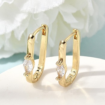 Brass Clear Cubic Zirconia Huggie Hoop Earrings, Rectangle, Real 16K Gold Plated, 22x13x3.5mm
