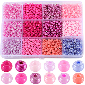 156G 12 Style Glass Seed Beads, Mixed Style, Round, Pink, 4~5x3~4mm, Hole: 1~2mm, 13g/style