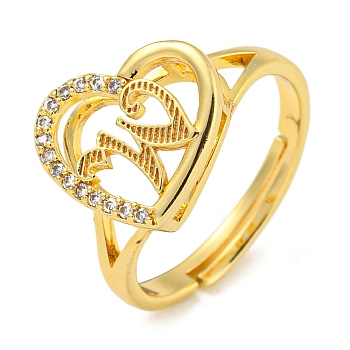 Heart with Letter Rack Plating Brass Micro Pave Cubic Zirconia Adjustable Rings for Women, Lead Free & Cadmium Free, Real 18K Gold Plated, Letter W, Inner Diameter: 16mm