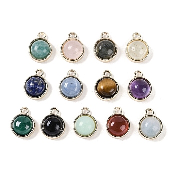 Natural Mixed Stone Pendants, with GoldenTone Rack Plating Brass, Flat Round, 9.8x7.5x4.3mm, Hole: 1.2mm