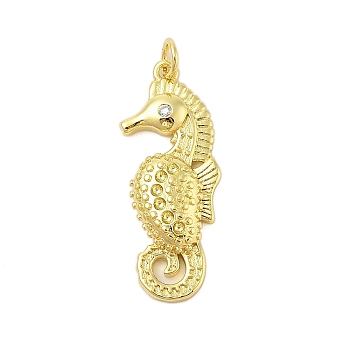 Rack Plating Brass Micro Pave Cubic Zirconia Pendants, Long-Lasting Plated, Lead Free & Cadmium Free, Sea Horse, Real 18K Gold Plated, 30x11.5x4.5mm, Hole: 3mm