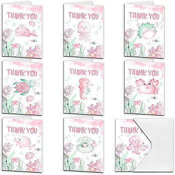 SUPERDANT Rectangle with Marine Life Pattern Thank You Theme Cards, with Paper Envelopes, Pink, Thank You Theme Cards: 1set