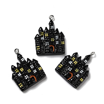 Halloween Opaque Resin Pendants, with Platinum Tone Iron Loops, Castle, Black, 31x23x5.5mm, Hole: 2mm