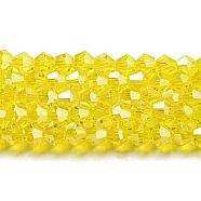 Transparent Electroplate Glass Beads Strands, Pearl Luster Plated, Faceted, Bicone, Yellow, 4x4mm, Hole: 0.8mm, about 82~85pcs/strand, 12.01~12.2 inch(30.5~31cm)(EGLA-A039-T4mm-A21)