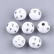 Plating Acrylic Beads, Metal Enlaced, Round, White, 9~10x9mm, Hole: 2mm, about 1000pcs/500g(PACR-S186-10mm-A11)