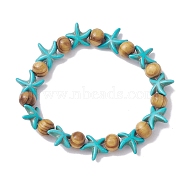 Beach Starfish Dye Synthetic Turquoise Beaded Stretch Barcelets, Summer Wood Beaded Stretch Bracelets for Women, Turquoise, Inner Diameter: 1-7/8~2 inch(4.7~5.1cm), Bead: 7x8~8.5mm, Starfish: 14x14mm(BJEW-JB10293-01)