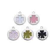 Brass Enamel Charms, Nickel Free, Flat Round with Clover, Mixed Color, Real Platinum Plated, 14x12x1mm, Hole: 1.2mm(KK-S356-669P-NF)