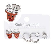 3 Pairs 3 Styles Christmas 304 Stainless Steel Hoop & Studs Earrings Set for Women, with Enamel & Cubic Zirconia, Stainless Steel Color, Deer, 6~12x6~8.5mm, 1 pair/style(EJEW-K279-12F-P)