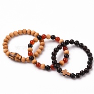 Stretch Bracelets Sets, with Natural Bodhi Beads, Natural Wooden Beads & Carnelian(Dyed & Heated) Beads, Inner Diameter: 2-1/4 inch(5.7cm), 3pcs/set(BJEW-JB05662-05)