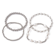 4Pcs 4 Style Natural Pearl & Brass Beaded Stretch Bracelets Set for Women, Platinum, Inner Diameter: 2-3/8 inch(6.05cm), 1Pc/style(BJEW-JB09662-02)