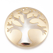 Brass Pendants, Flat Round with Tree, Nickel Free, Real 18K Gold Plated, 40x1mm, Hole: 2mm(KK-T029-74G)