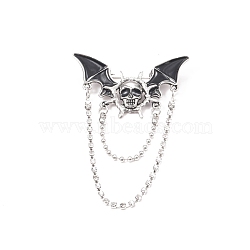 Halloween Skull Bat Alloy Enamel Hanging Chain Brooch with Double Chains, for Clothes Backpack, Antique Silver, Black, 75x50mm(PW-WGF646C-01)