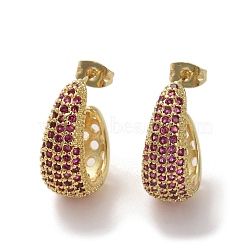 Brass Micro Pave Cubic Zirconia Stud Earrings, Half Hoop Earrrings, Fuchsia, 20x18mm(EJEW-H308-10G-01)