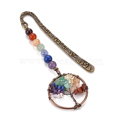 Tibetan Style Carved Alloy Bookmark, Daily Supplies, with Natural/Synthetic Mixed Stone Pendants, Brass Crimp Beads Covers and Natural Gemstone Beads, Flat Round with Tree of Life, Antique Bronze, 97mm(AJEW-JK00162)
