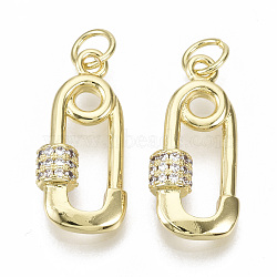 Brass Micro Pave Clear Cubic Zirconia Pendants, with Jump Rings, Safety Pin Shape, Nickel Free, Real 18K Gold Plated, 20x9x4mm, Jump Rings: 5x1mm, Inner Diameter: 3mm(KK-N227-19G-NF)