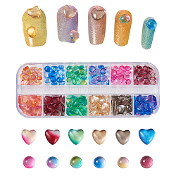 240Pcs 12 Color Transparent Glass Cabochons, Half Round & Heart, Mixed Color, 6~8x6~8x3mm, 20pcs/color(GGLA-CD0001-10)