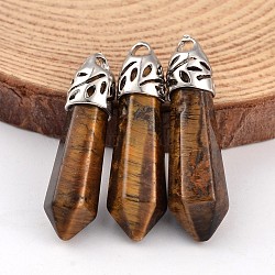 Bullet Natural Tiger Eye Pointed Pendants, with Platinum Tone Alloy Findings, 33~40x8~10mm, Hole: 3x2mm(X-G-E332-C11)