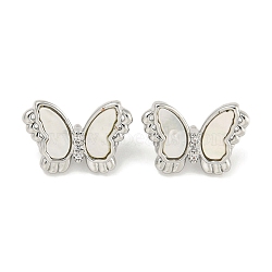 Brass Pave Clear Cubic Zirconia Butterfly Connector Charms with Sea Shell, Platinum, 8.5x12x4mm, Hole: 1.4mm(KK-Q820-13P)