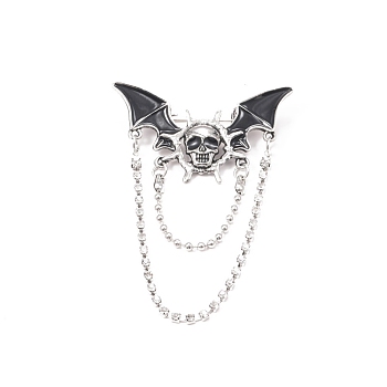 Halloween Skull Bat Alloy Enamel Hanging Chain Brooch with Double Chains, for Clothes Backpack, Antique Silver, Black, 75x50mm