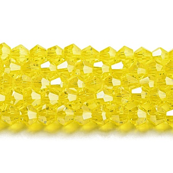 Transparent Electroplate Glass Beads Strands, Pearl Luster Plated, Faceted, Bicone, Yellow, 4x4mm, Hole: 0.8mm, about 82~85pcs/strand, 12.01~12.2 inch(30.5~31cm)