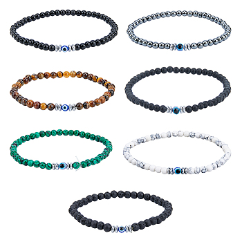 7Pcs 7 Style Natural Mixed Gemstone Round & Plastic Evil Eye Beaded Stretch Bracelets Set, Stackable Bracelets, Inner Diameter: 2-1/8~2-1/2 inch(5.3~6.29cm), 1Pc/style