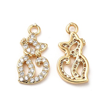 Brass Micro Pave Cubic Zirconia Pendants, Real 18K Gold Plated, Cat Charm, Clear, 16x8x2mm, Hole: 1.5mm