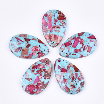 Assembled Synthetic Imperial Jasper and Turquoise Pendants, Dyed, teardrop, Deep Pink, 48x30~30.5x7mm, Hole: 1.4mm