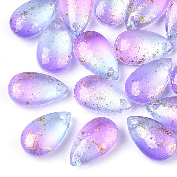 Two Tone Transparent Spray Painted Glass Charms, with Glitter Powder, Frosted, Teardrop, Medium Orchid, 14.5x8.5x5.5mm, Hole: 1mm