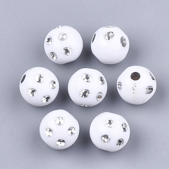 Plating Acrylic Beads, Metal Enlaced, Round, White, 9~10x9mm, Hole: 2mm, about 1000pcs/500g