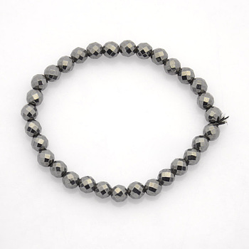 Non-Magnetic Hematite Stretch Bracelets, Faceted Round, Black, 65mm, Beads: 6mm