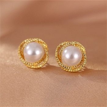 Alloy Earrings for Women, with Imitation Pearl Beads, Round, 18x11mm