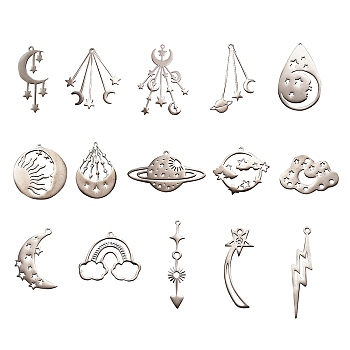15Pcs 15 Styles 201 Stainless Steel Pendants, Laser Cut, Mixed Shapes, Stainless Steel Color, 26.5x20x1mm, Hole: 1.5mm, 1pc/style