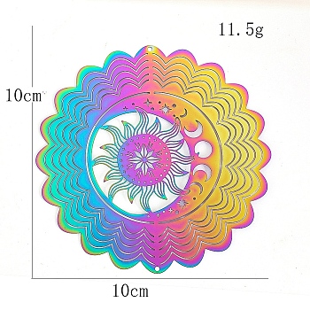 Stainless Steel 3D Wind Spinners, for Outside Yard and Garden Decoration, Flower with Moon & Sun, Rainbow Color, 100mm